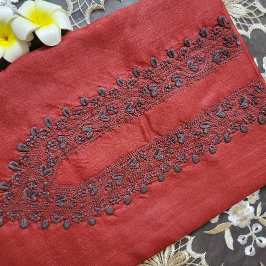 Tussar Silk Mens Chikankari Kurta Fabric ( Red )