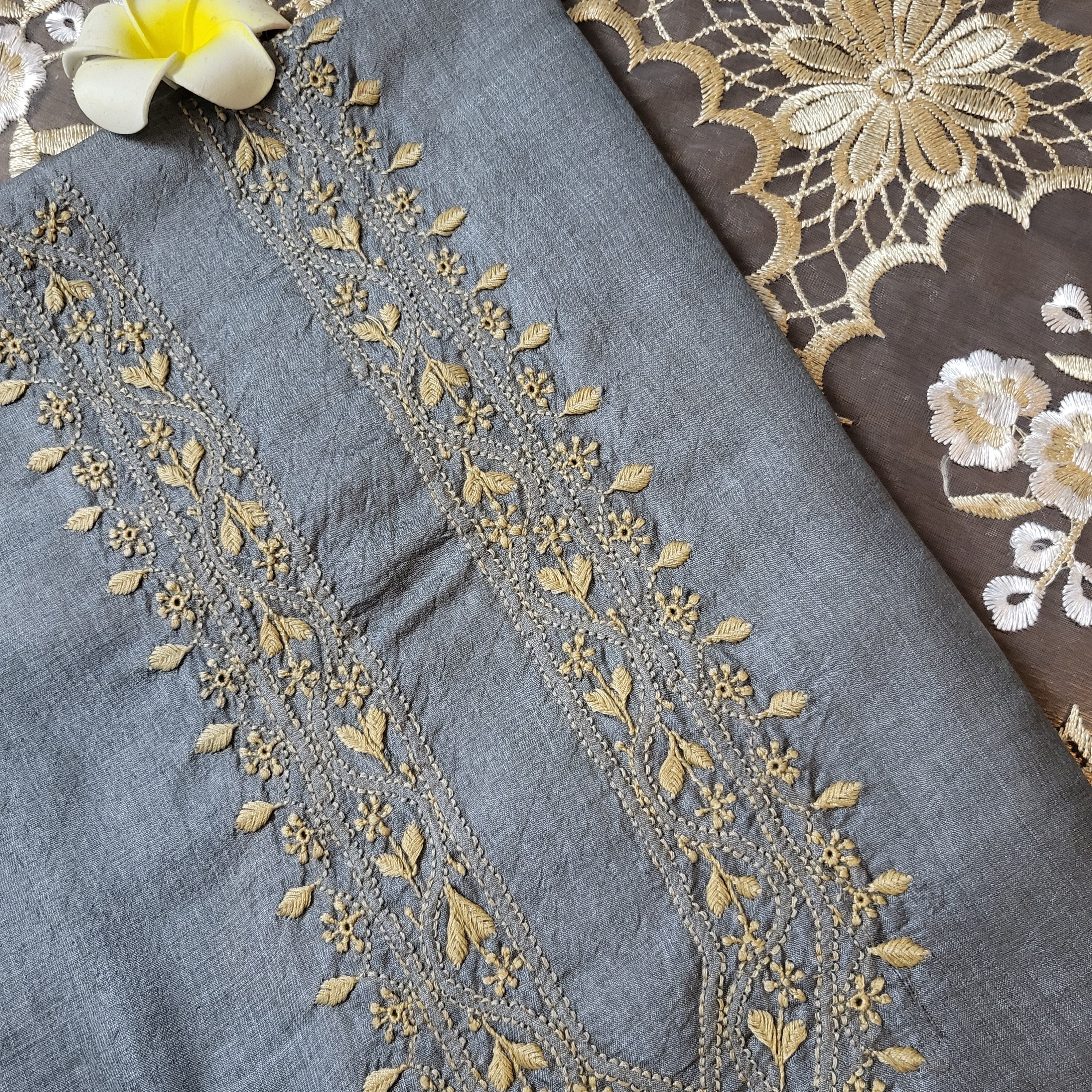 Tussar Silk Mens Chikankari Kurta Fabric ( Grey )