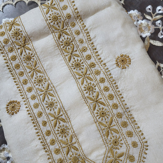 Tussar Silk Mens Chikankari Kurta Fabric with Booti and Collar ( Original Dyeable )