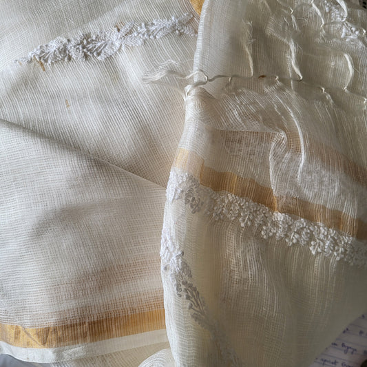 Pure Kota Silk Chikankari Dupatta (Off white)