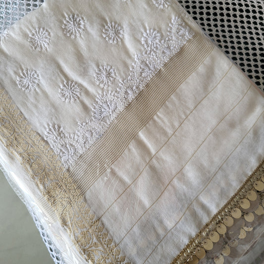 Chanderi Cotton Silk Chikankari All Over Jaal Dupatta with Jacquard border (Off white)