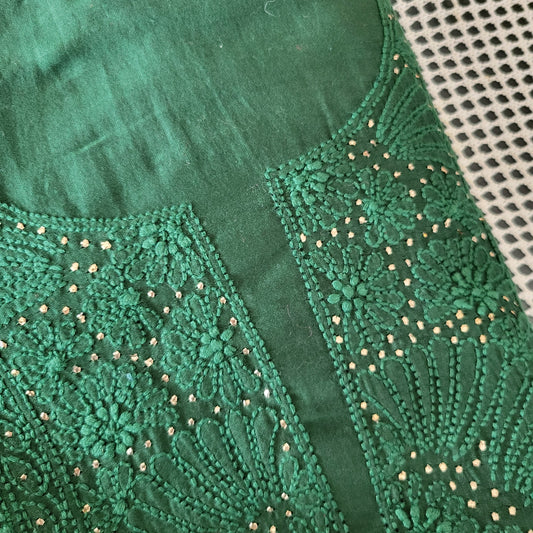 Chanderi Cotton Chikankari Kurta fabric with Badla (Bottle Green)