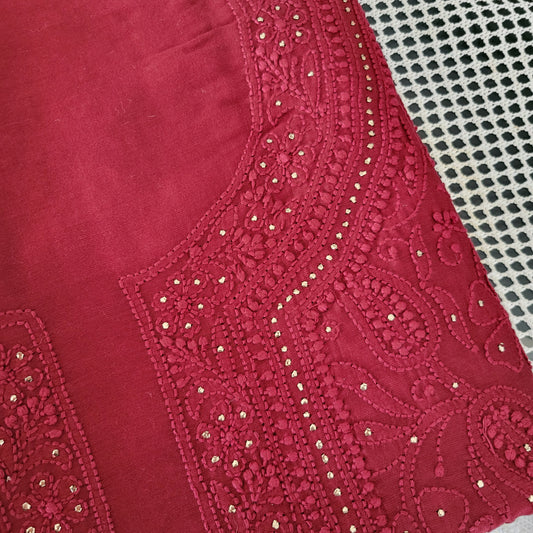 Chanderi Cotton Chikankari Kurta fabric with Badla (Maroon)