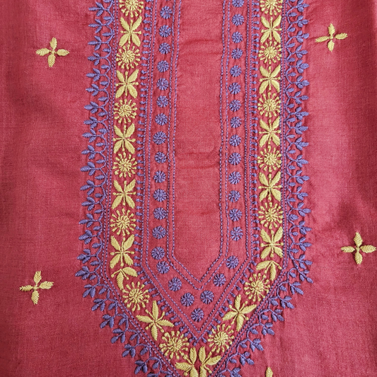 Moonga Silk Mens Chikankari Kurta Fabric with all over booti and Collar ( Red )