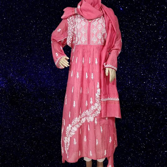 Mul Chanderi Semi Stitch Chikankari Anarkali Kurta fabric and Dupatta with Addons-Dyeable (Carrot Pink)
