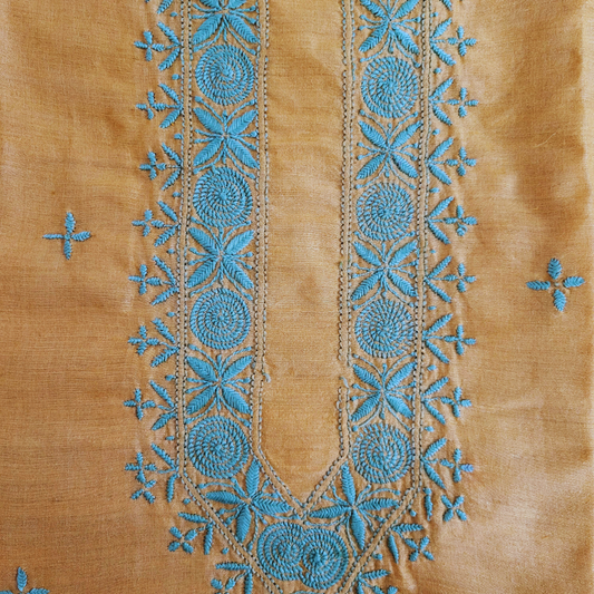 Moonga Silk Mens Chikankari Kurta Fabric with all over booti and Collar ( Golden Yellow )