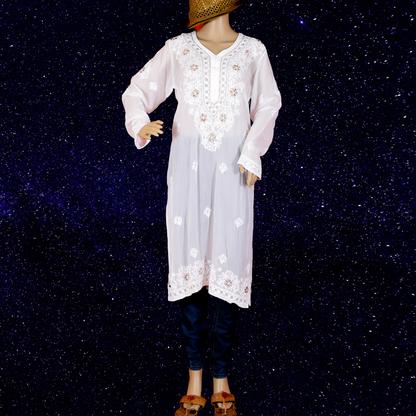 Viscose Georgette Chikankari Kurta with Badla -Dyeable (White)