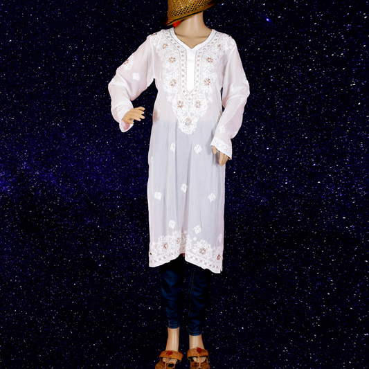 Viscose Georgette Chikankari Kurta with Badla -Dyeable (White)