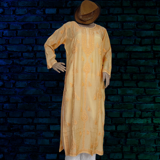 Muslin Chikankari kurta (Ochre yellow)