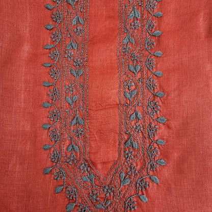 Tussar Silk Mens Chikankari Kurta Fabric ( Red )