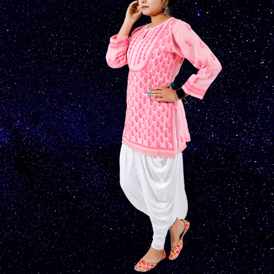 Cotton Chikankari Short Kurti/ Top (Carrot Pink)