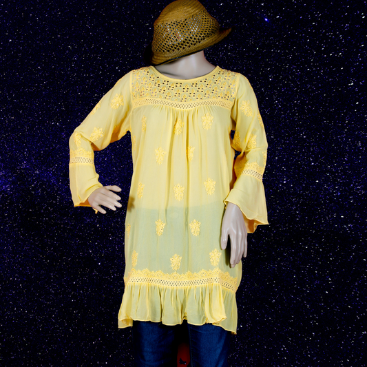 Viscose Georgette Short Kurti/ Top/ Tunic with Badla (Yellow)
