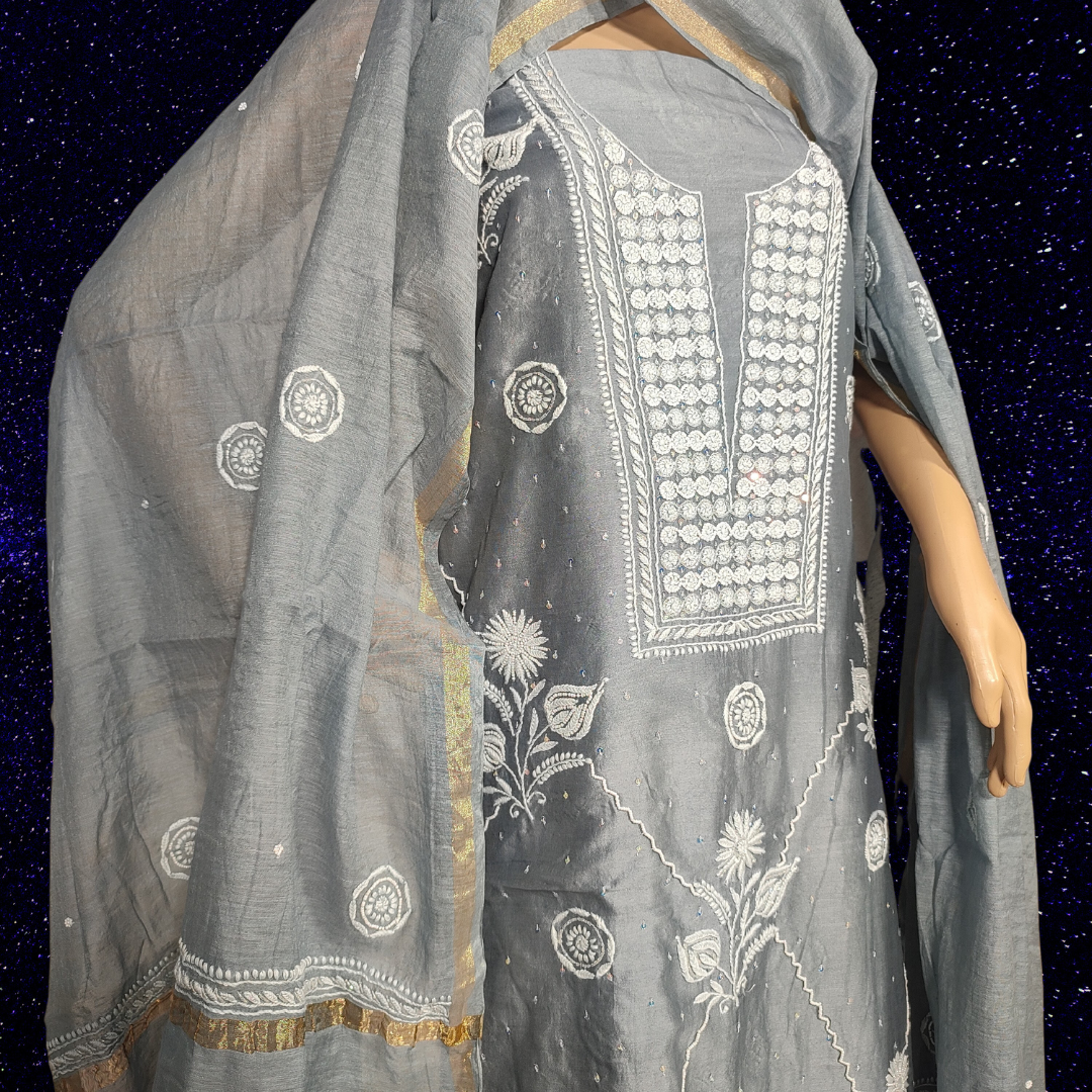 Chanderi Silk Kurta Fabric with Addons and Dupatta- Dyeable (Grey)