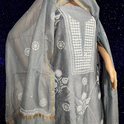 Chanderi Silk Kurta Fabric with Addons and Dupatta- Dyeable (Grey)
