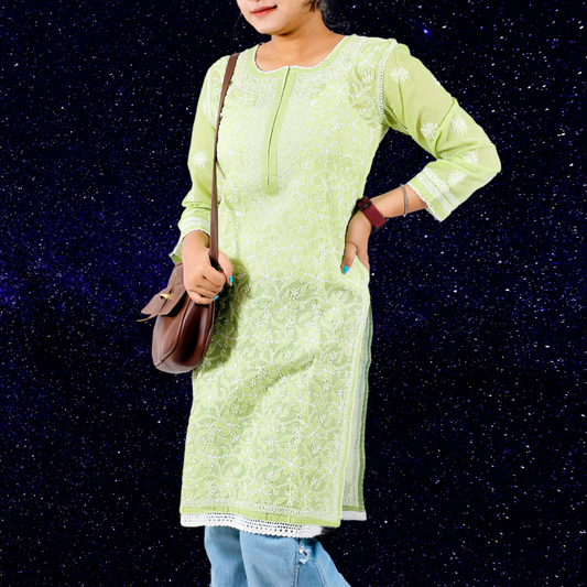 Cotton Chikankari Short Kurti (Green)