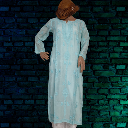 Muslin Chikankari kurta (light sea green)