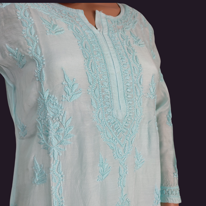 Muslin Chikankari kurta (light sea green)