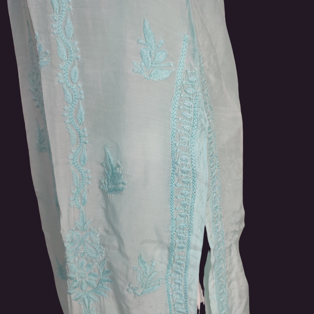 Muslin Chikankari kurta (light sea green)