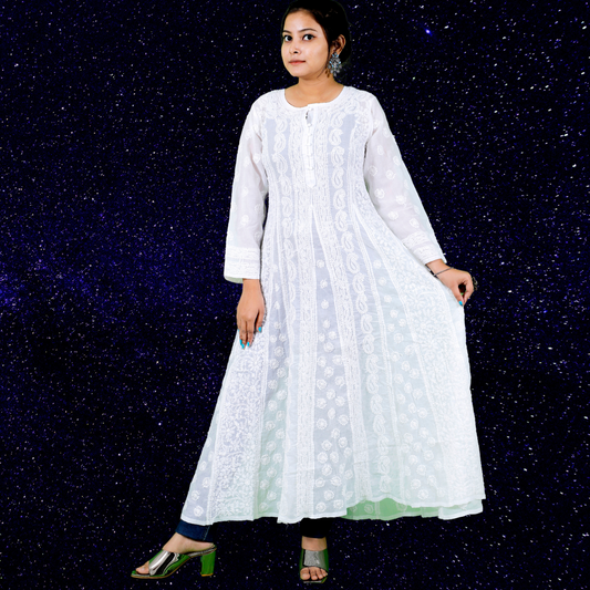 Cotton Chikankari Anarkali Kurta (White)