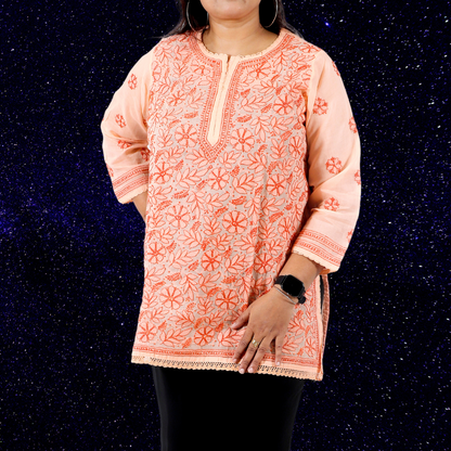 Cotton Chikankari Short Kurti/ Top (Peach)