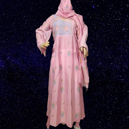 Mul Chanderi Semi Stitch Chikankari Anarkali Kurta fabric and Dupatta-Dyeable (Pink)
