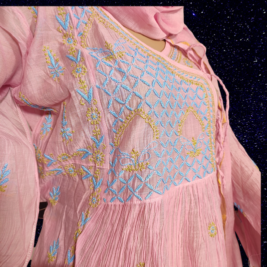 Mul Chanderi Semi Stitch Chikankari Anarkali Kurta fabric and Dupatta-Dyeable (Pink)