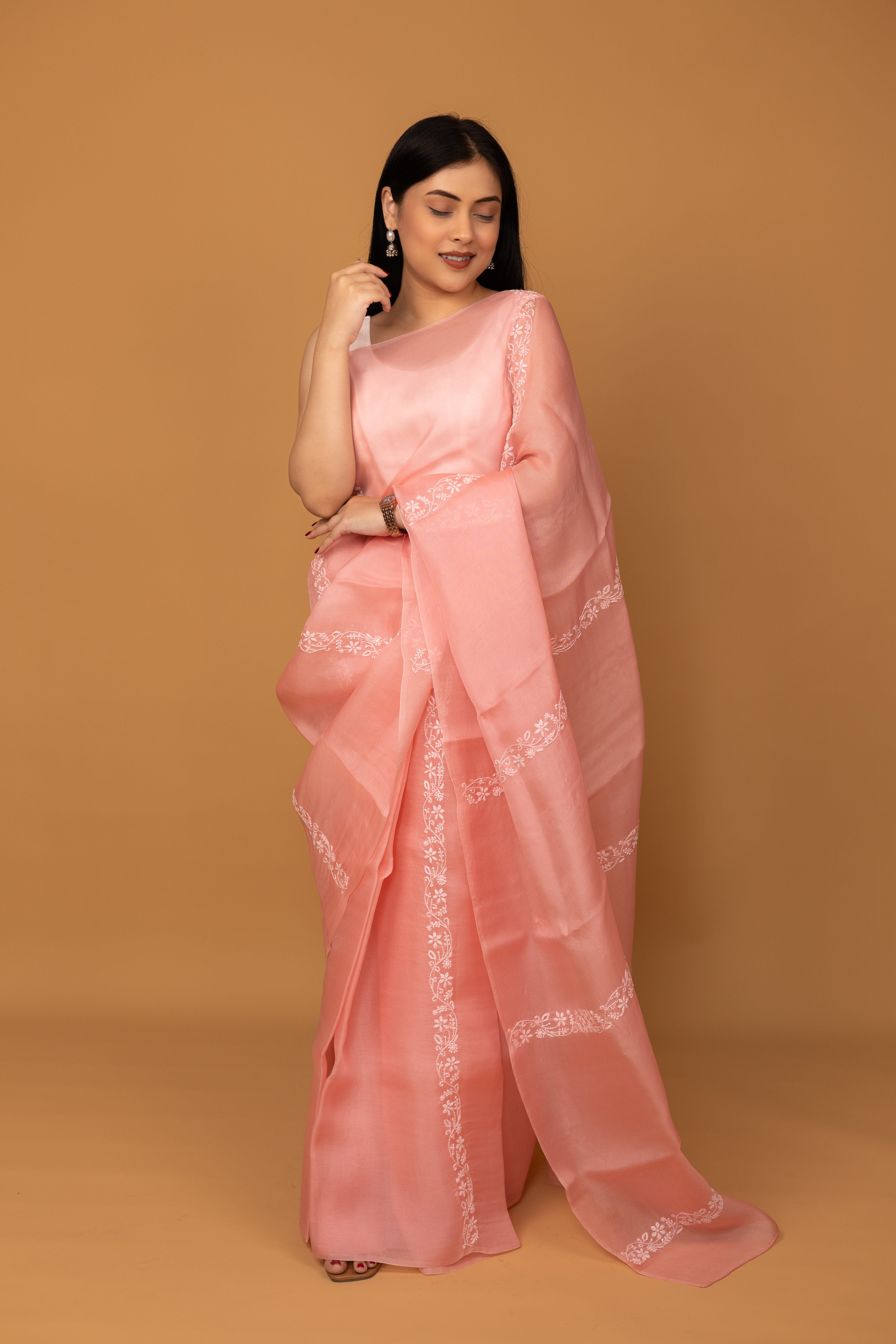 Urvashi | Pastel peach Organza Silk Chikankari Saree