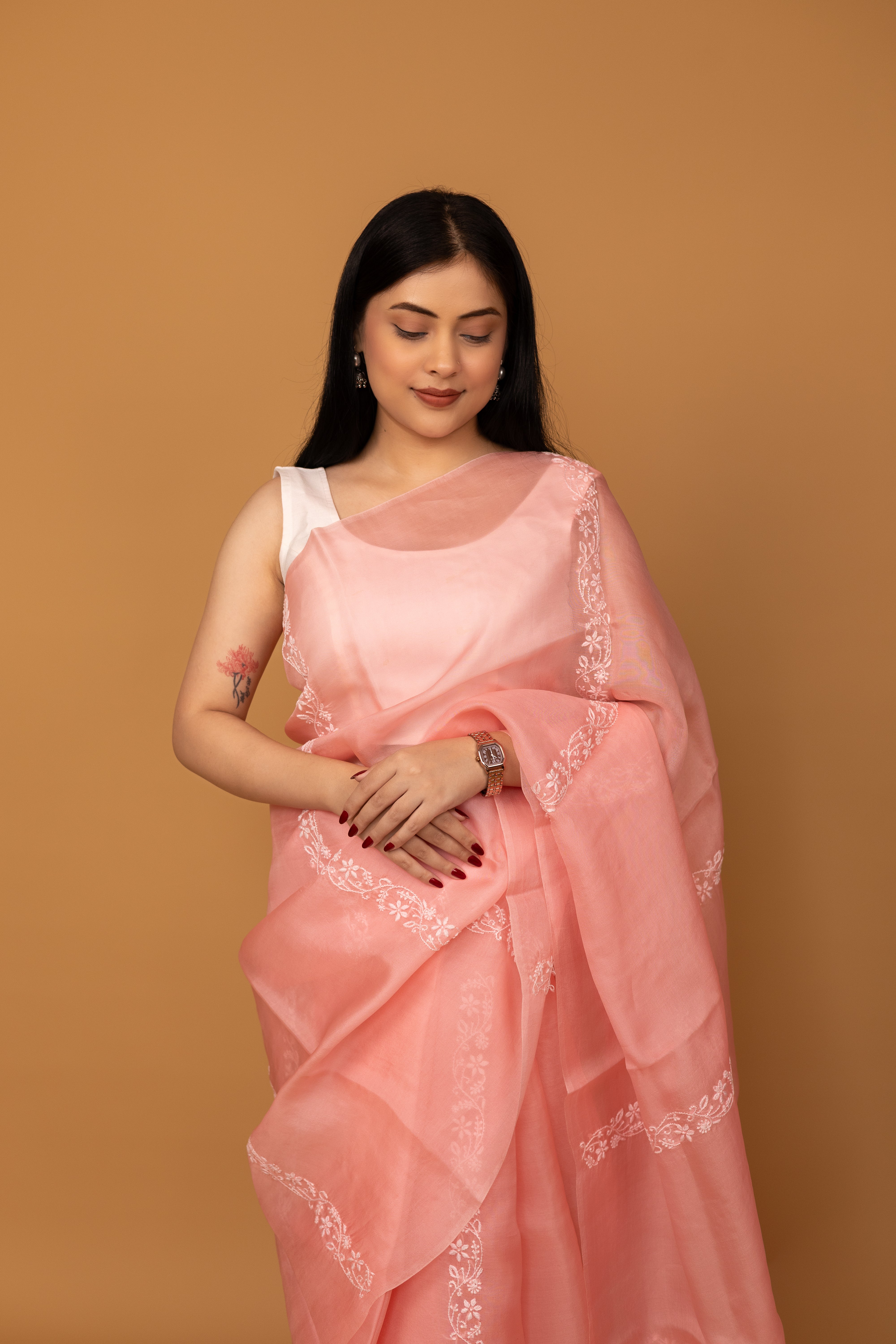 Urvashi | Pastel peach Organza Silk Chikankari Saree