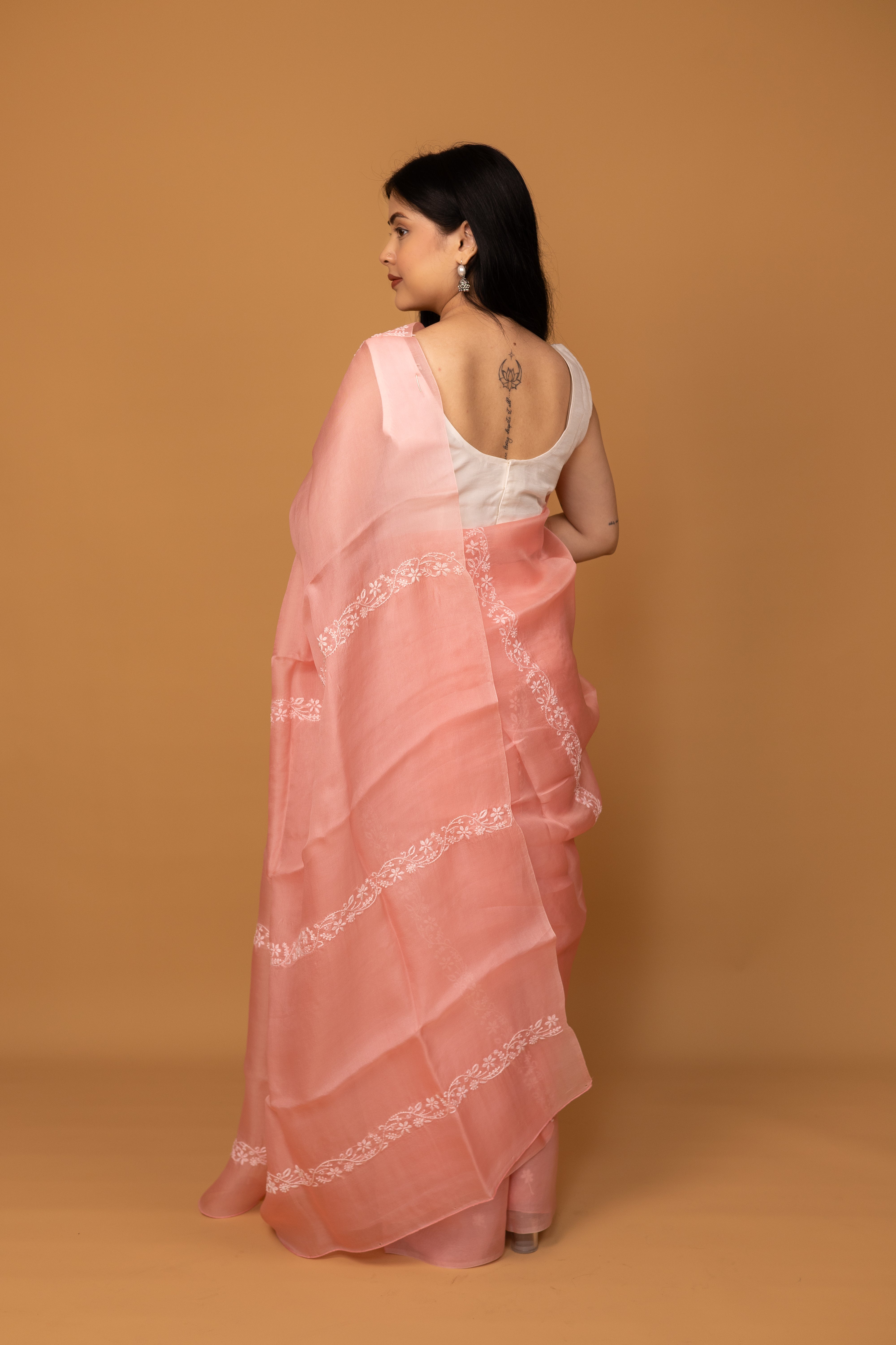 Urvashi | Pastel peach Organza Silk Chikankari Saree