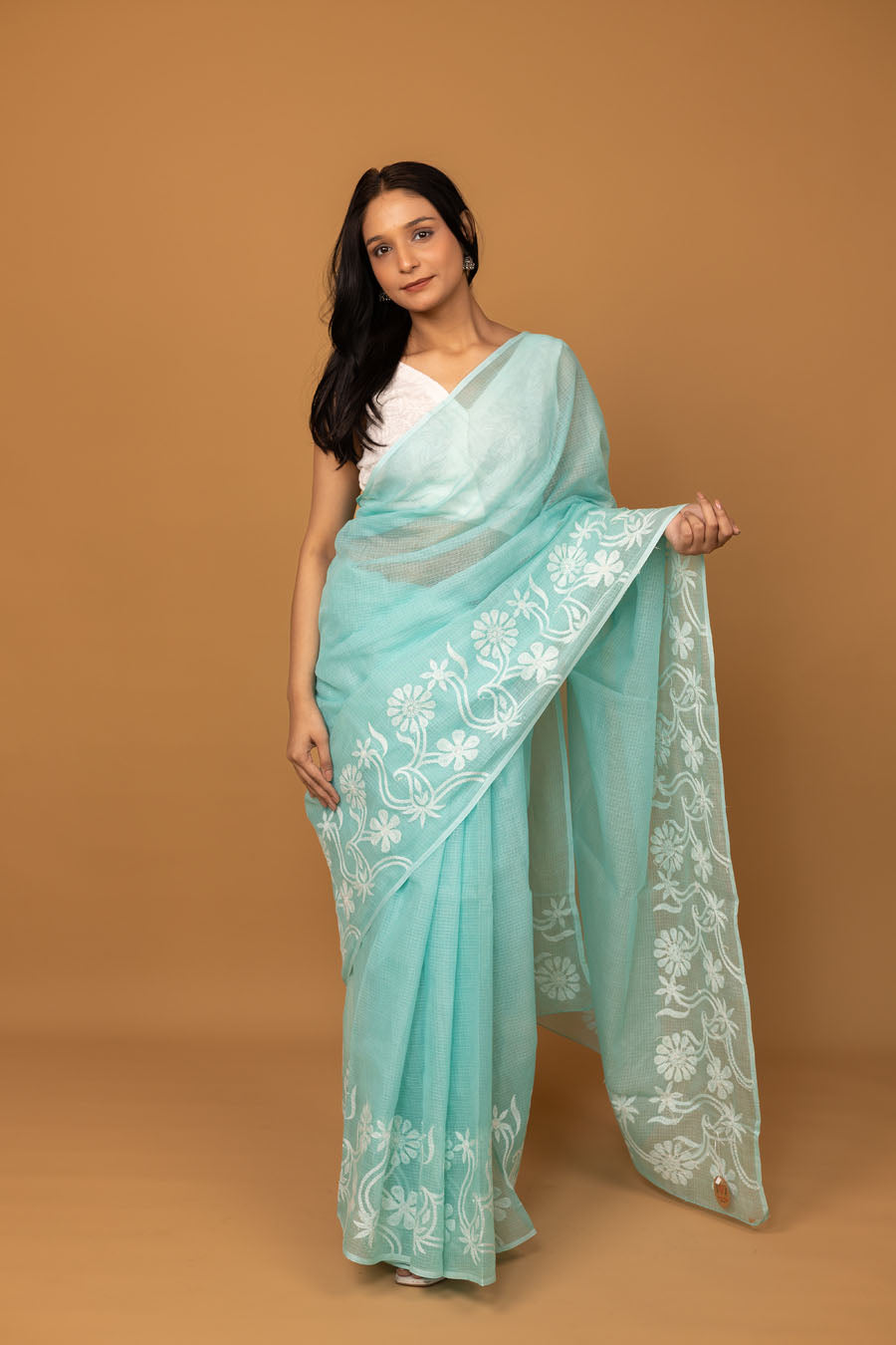 Vidushi | Serene Turquoise Blue Kotadoriya Cotton Chikankari Saree