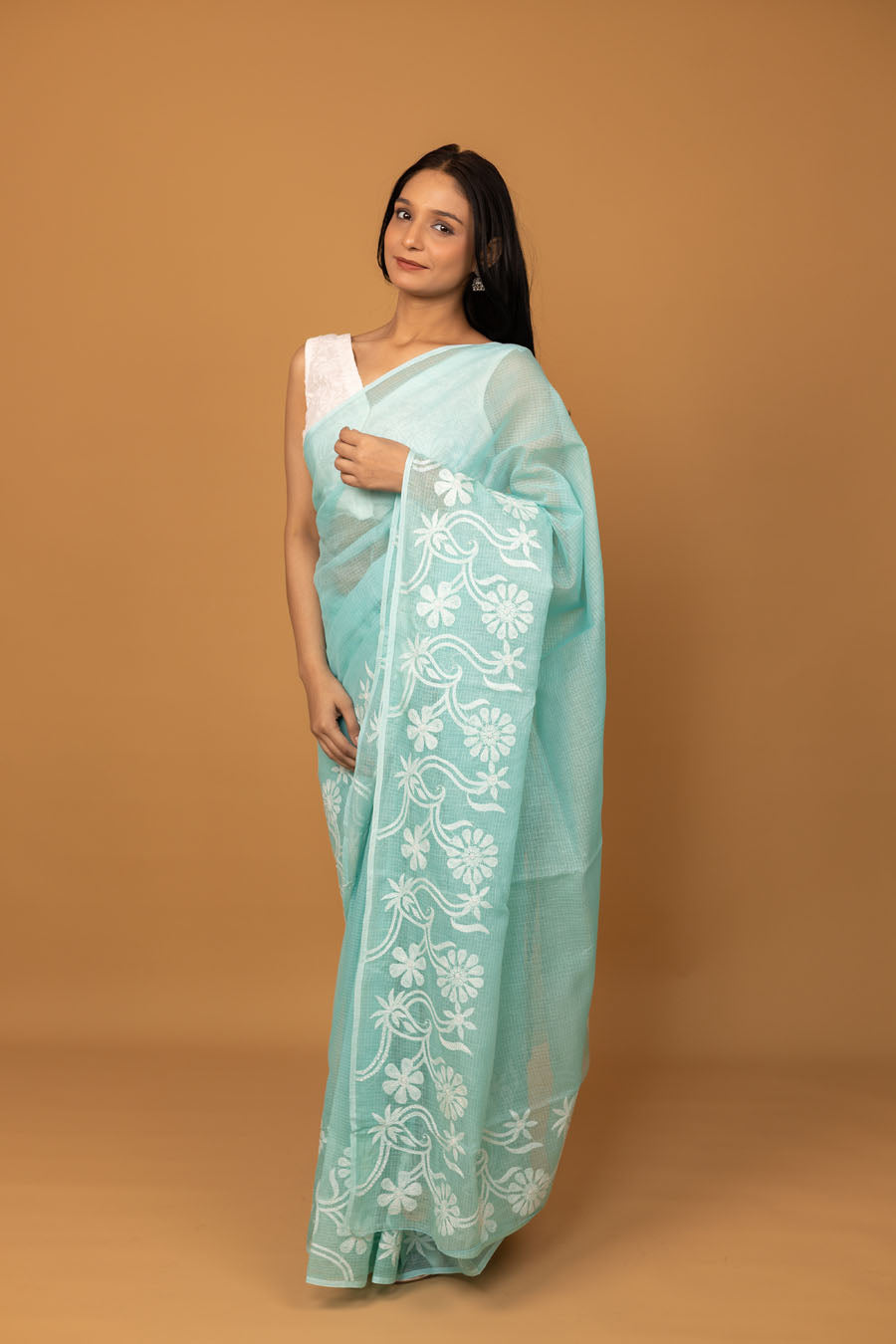 Vidushi | Serene Turquoise Blue Kotadoriya Cotton Chikankari Saree