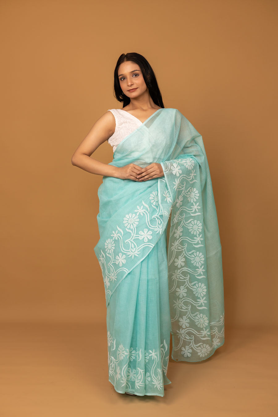 Vidushi | Serene Turquoise Blue Kotadoriya Cotton Chikankari Saree