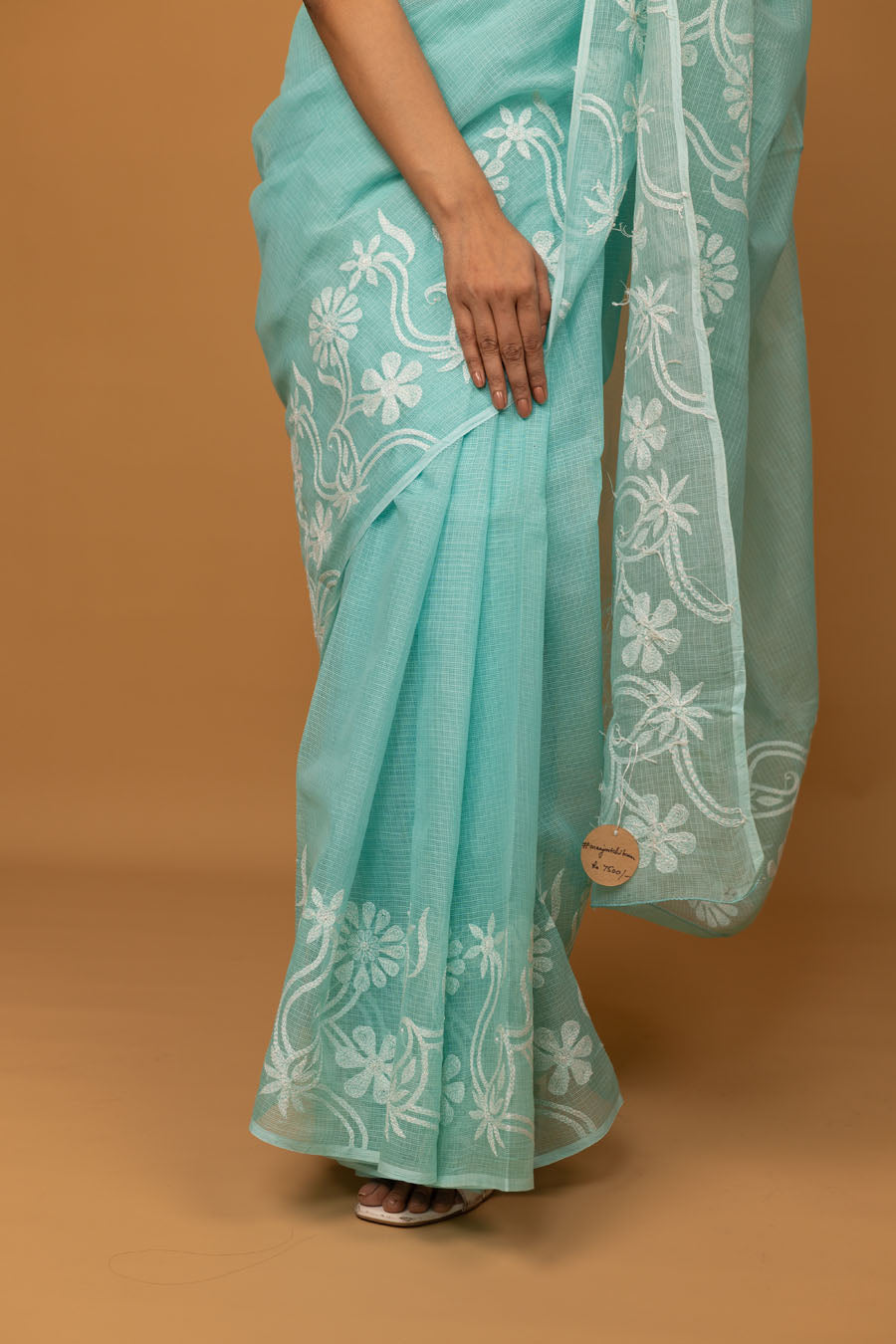 Vidushi | Serene Turquoise Blue Kotadoriya Cotton Chikankari Saree