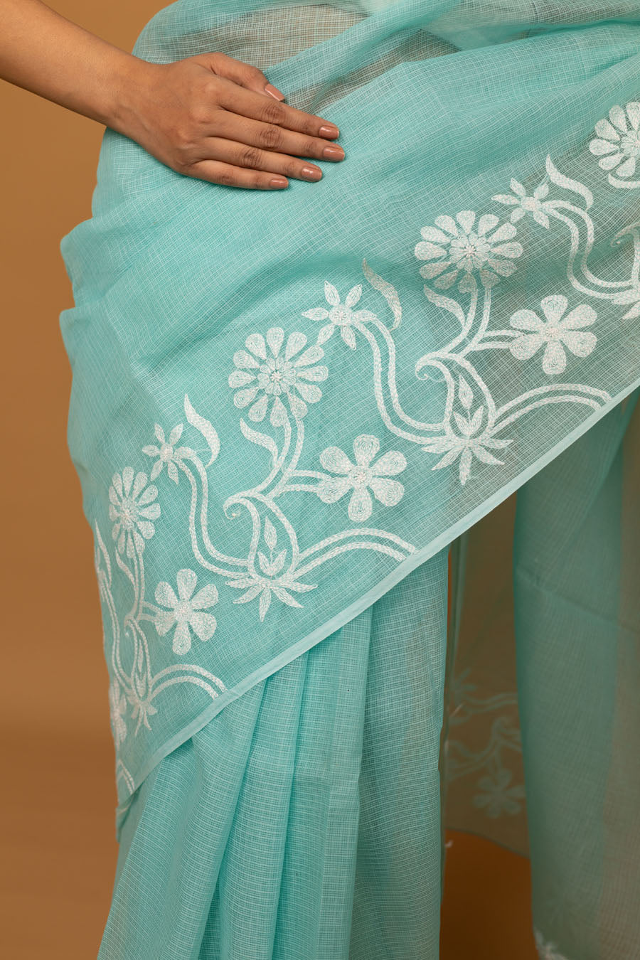 Vidushi | Serene Turquoise Blue Kotadoriya Cotton Chikankari Saree