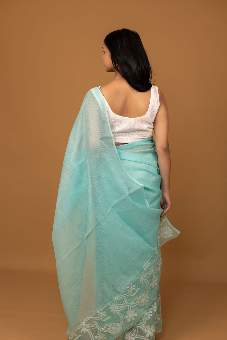 Vidushi | Serene Turquoise Blue Kotadoriya Cotton Chikankari Saree