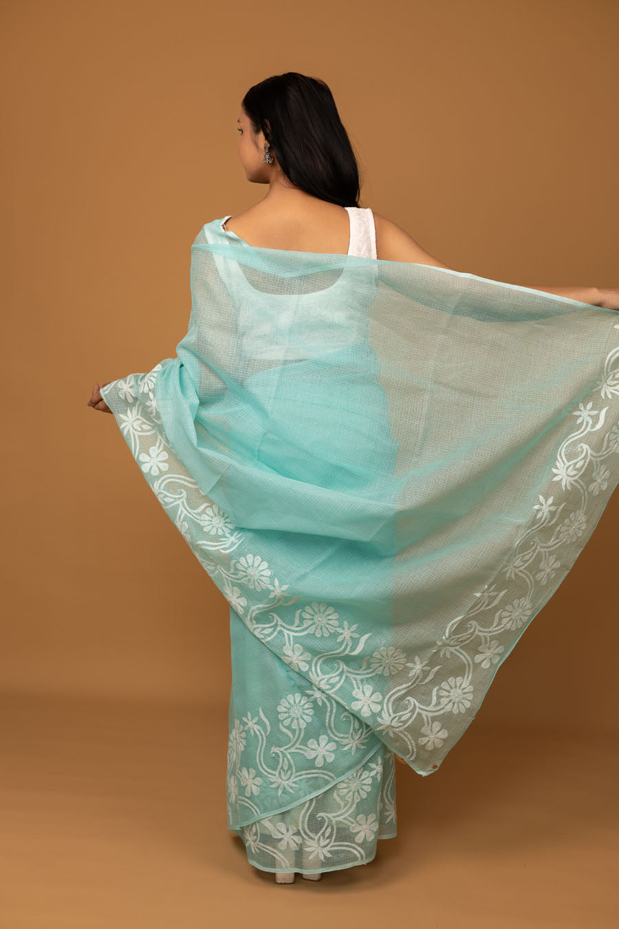 Vidushi | Serene Turquoise Blue Kotadoriya Cotton Chikankari Saree