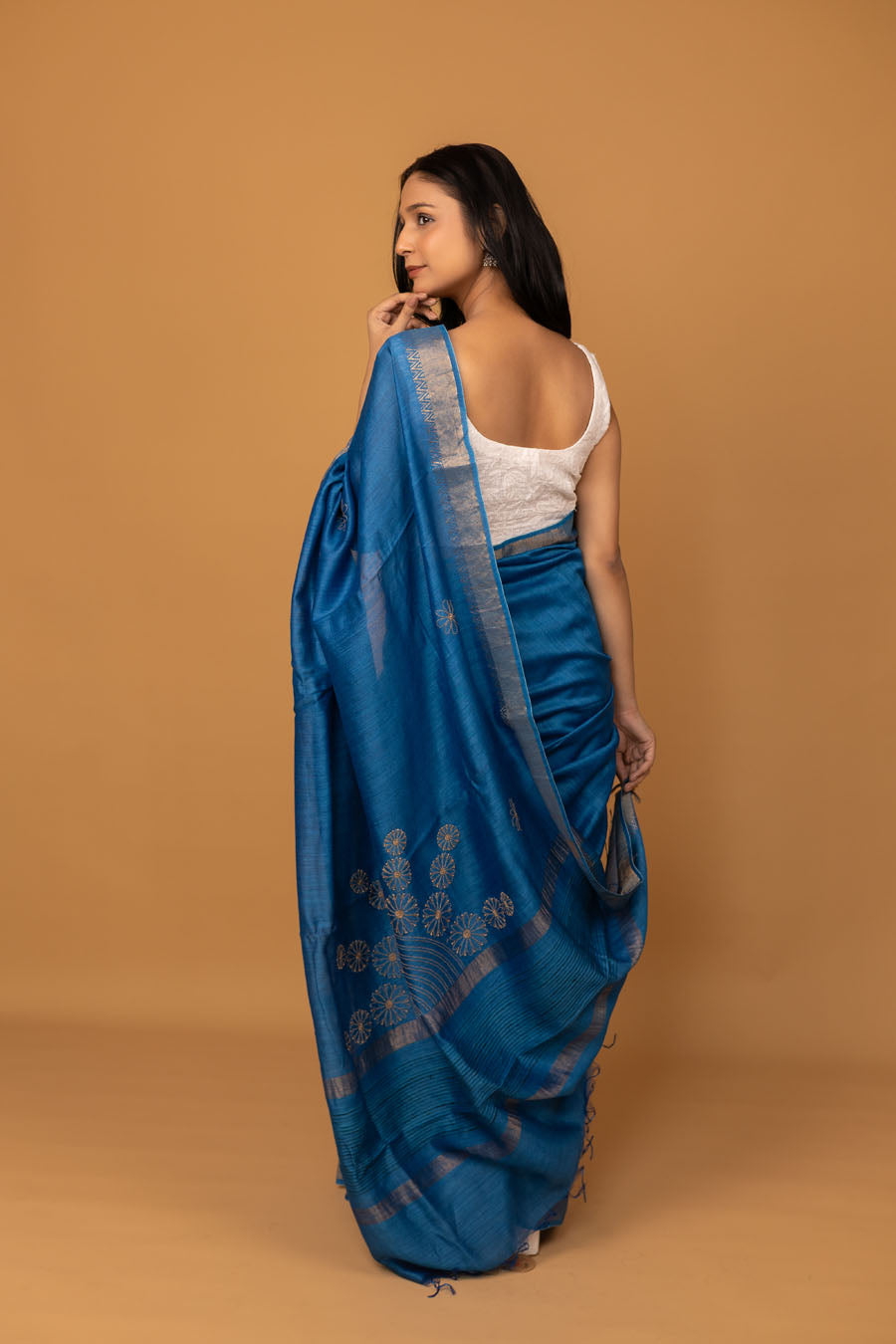 Urvashi | Copper Blue Moonga Silk Chikankari Saree