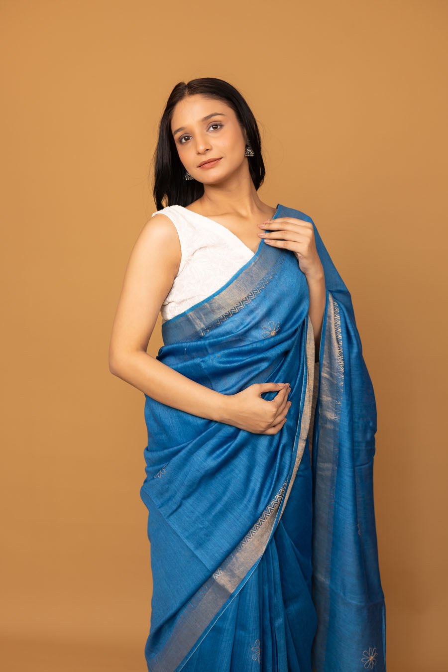 Urvashi | Copper Blue Moonga Silk Chikankari Saree
