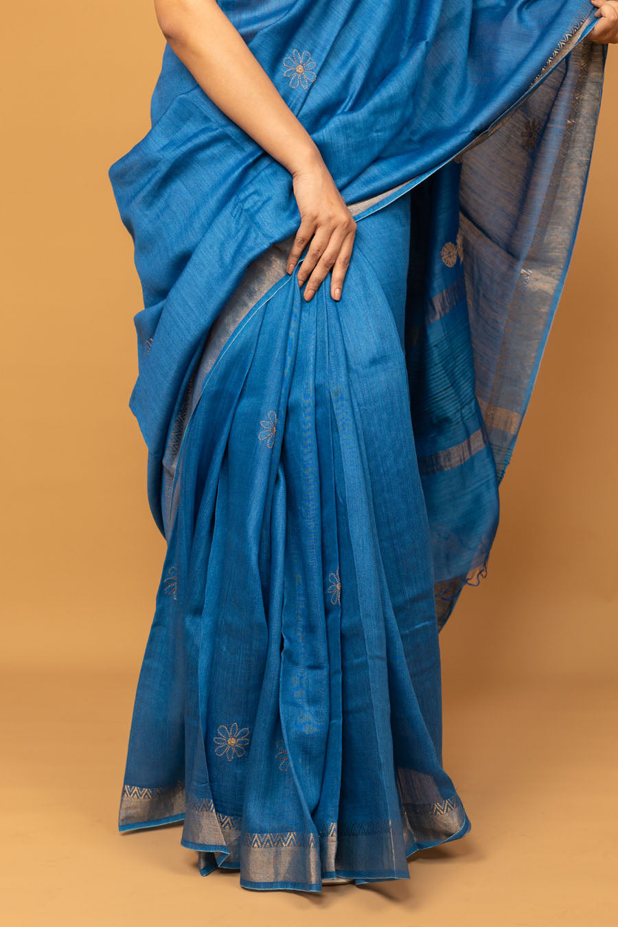 Urvashi | Copper Blue Moonga Silk Chikankari Saree