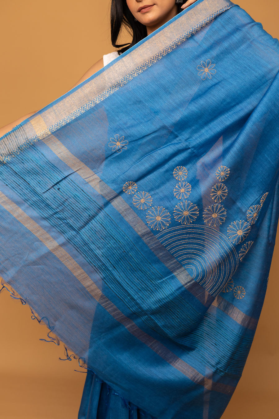 Urvashi | Copper Blue Moonga Silk Chikankari Saree
