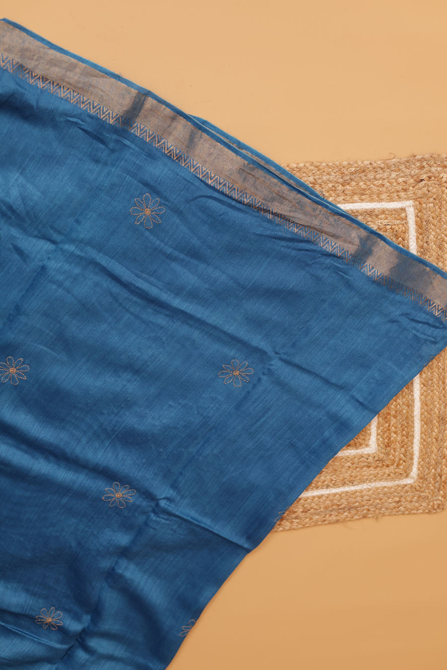 Urvashi | Copper Blue Moonga Silk Chikankari Saree