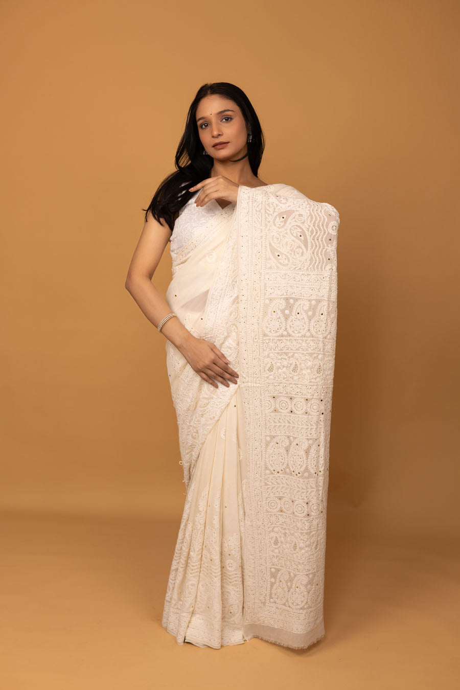 Hansini | Ivory Raag Pure Georgette Chikankari Saree