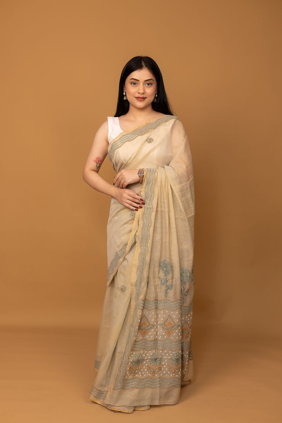 Chitralekha | Sage Green Chanderi Tissue Silk Chikankari Saree