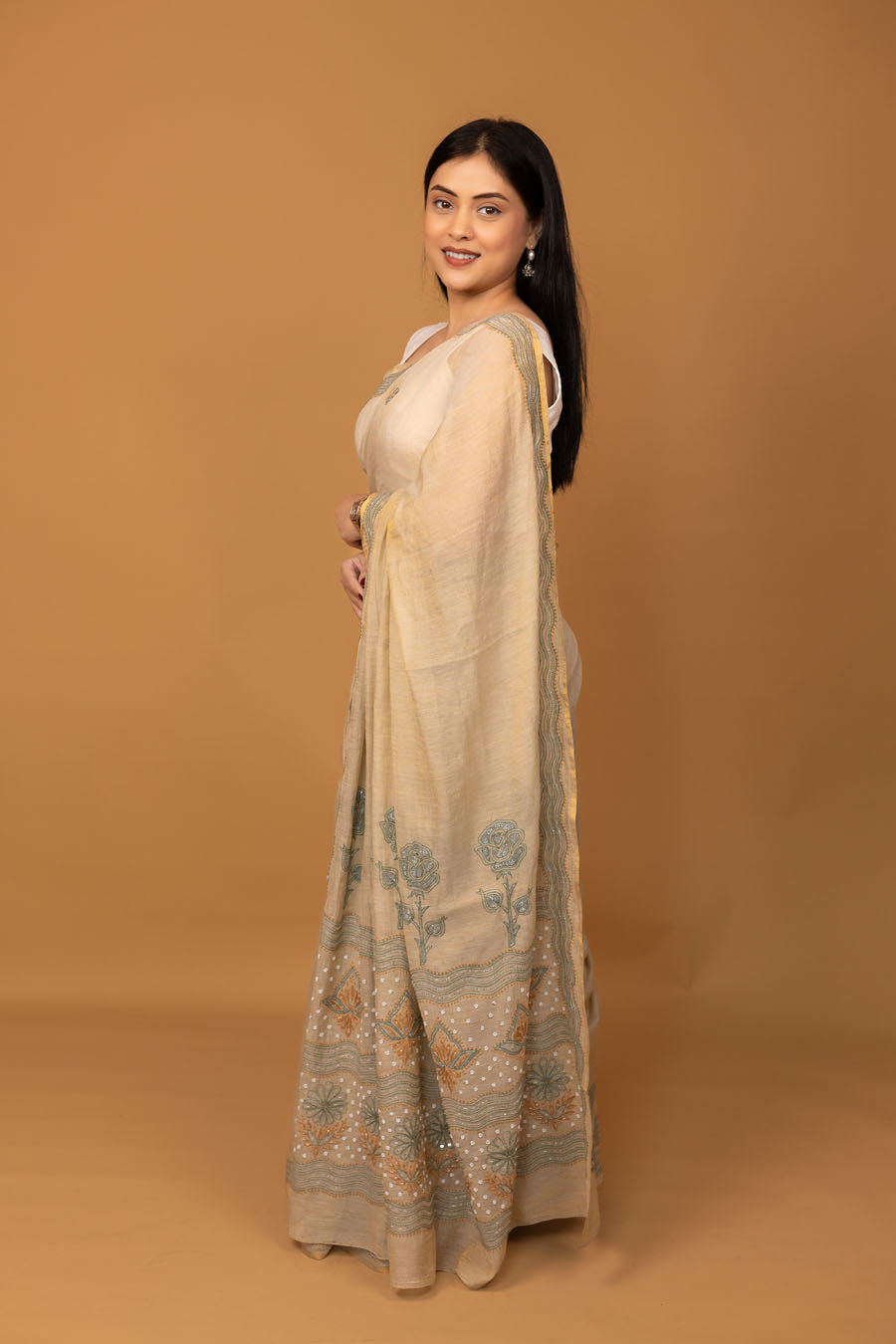 Chitralekha | Sage Green Chanderi Tissue Silk Chikankari Saree