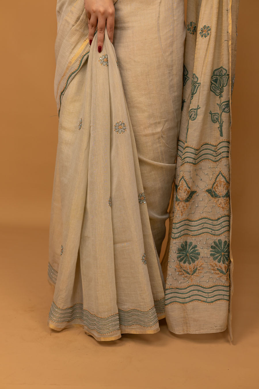 Chitralekha | Sage Green Chanderi Tissue Silk Chikankari Saree