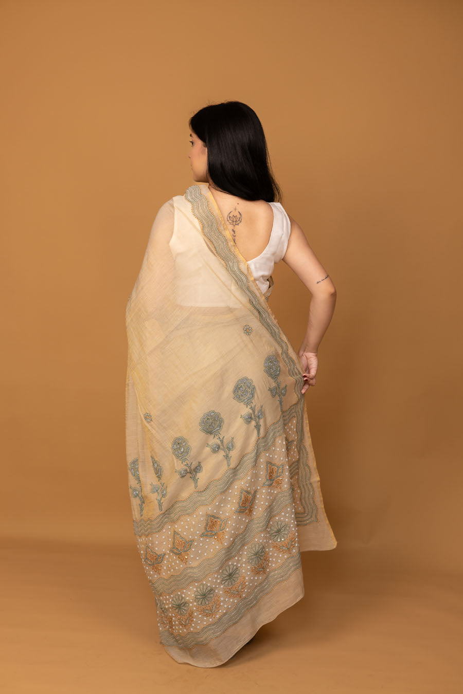 Chitralekha | Sage Green Chanderi Tissue Silk Chikankari Saree