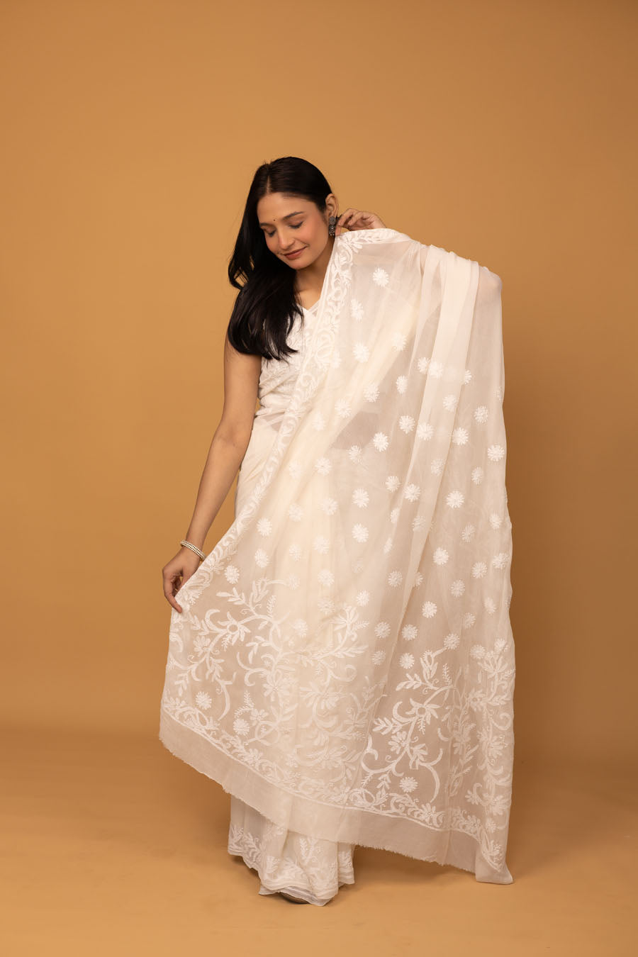 Hansini | Milk pearl Pure Georgette Chikankari Saree