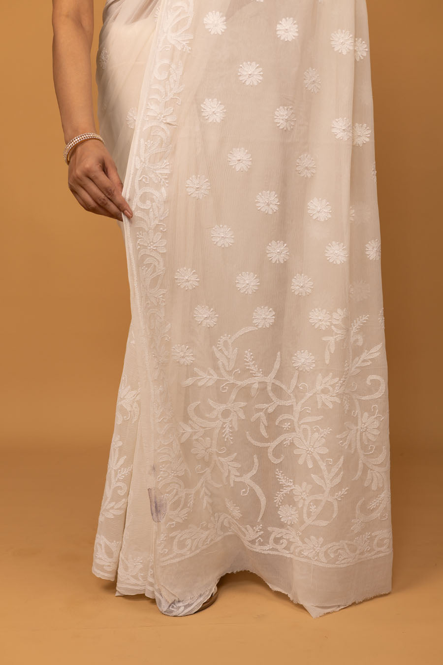 Hansini | Milk pearl Pure Georgette Chikankari Saree