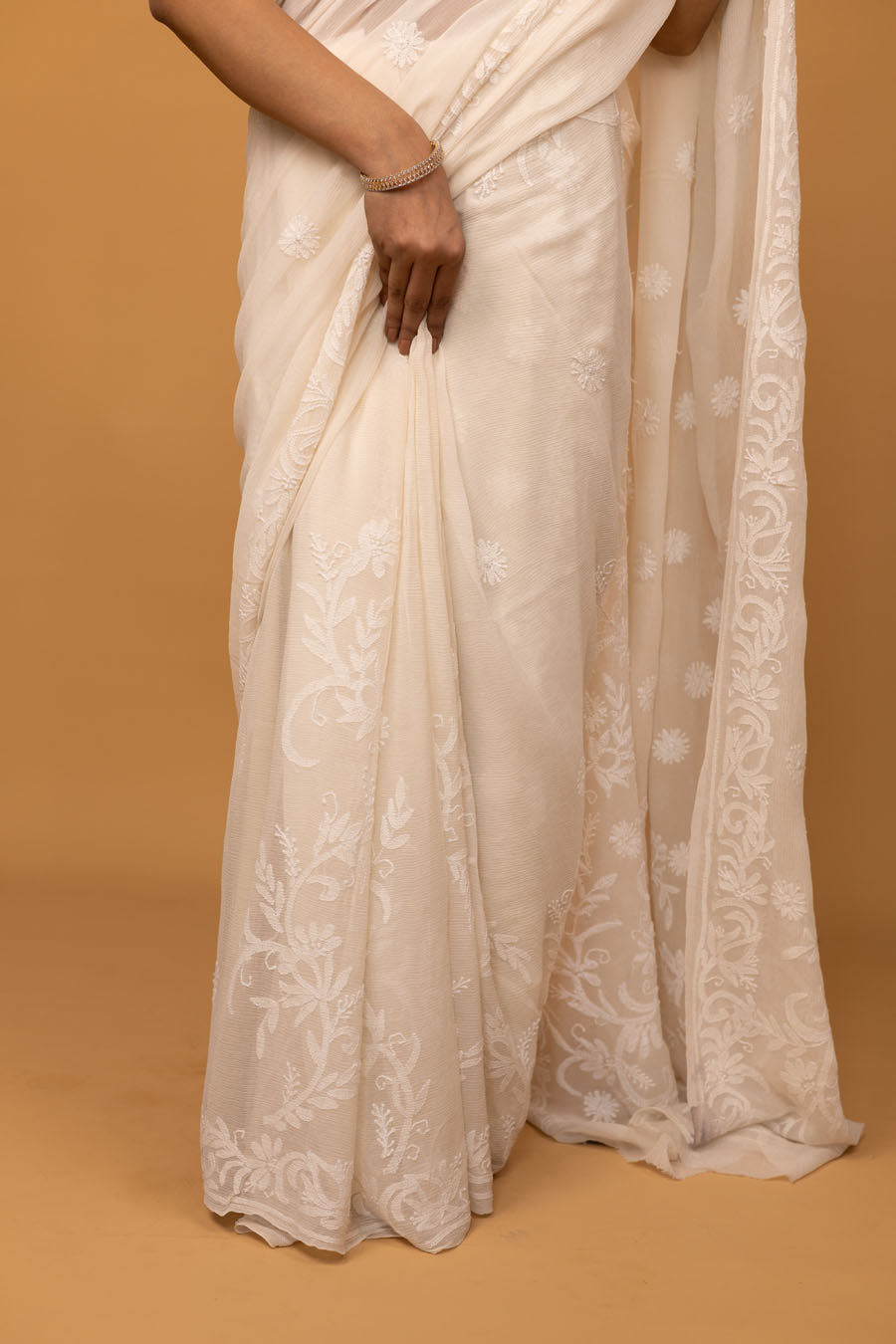 Hansini | Milk pearl Pure Georgette Chikankari Saree