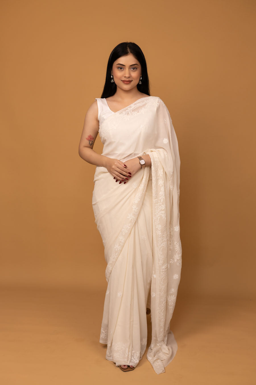 Hansini | Whispering White Pure Georgette Chikankari Saree